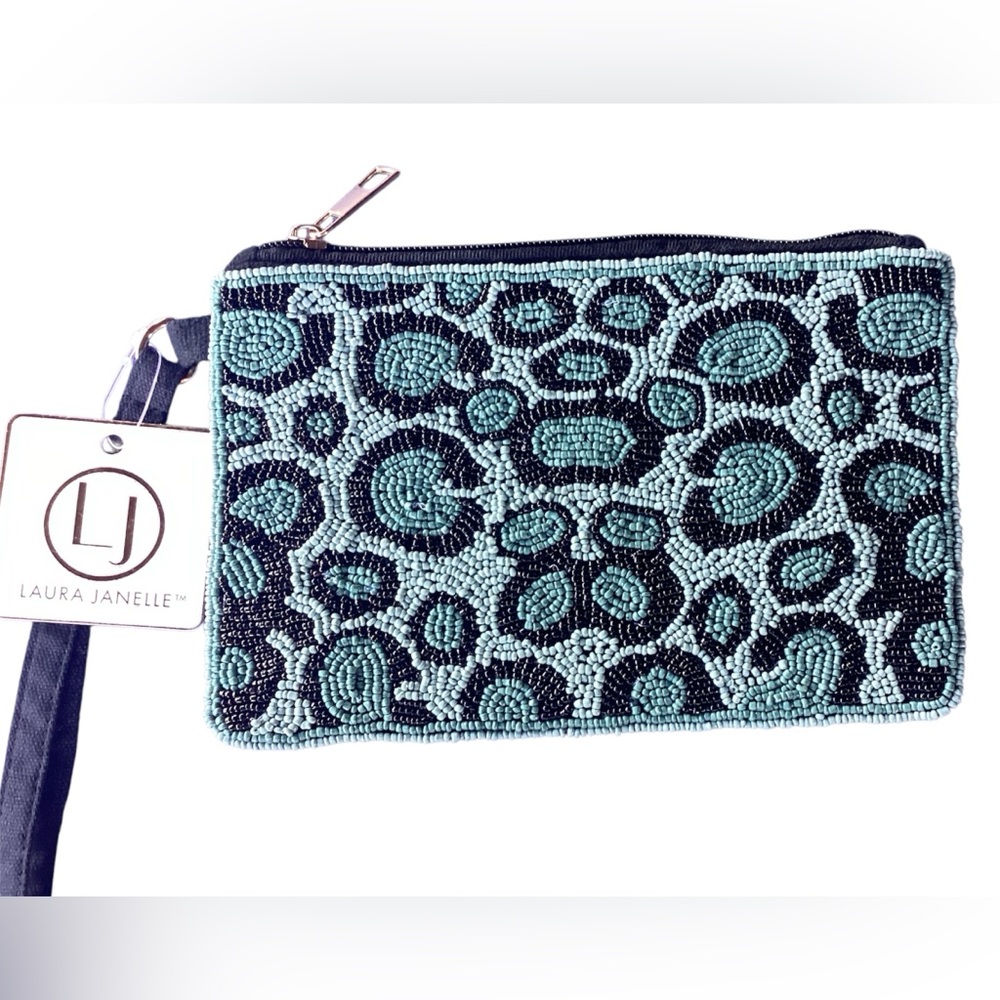 Laura Janelle Teal/Black Cheetah Beaded Wristlet NWT
